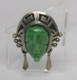 1940s Rare Old Aztec Maya Mexico Taxco Silver & Green Stone Pendant Brooch