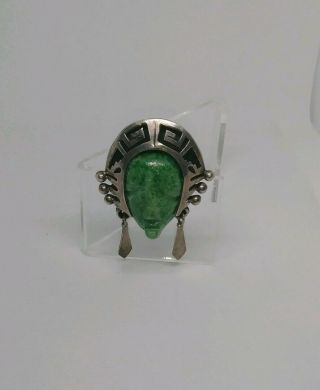1940s RARE old Aztec Maya Mexico TAXCO silver & green stone pendant brooch 2