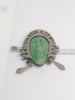 1940s RARE old Aztec Maya Mexico TAXCO silver & green stone pendant brooch 6