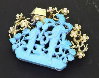 Heavy Vintage 18k Gold 0.  30ct Carved Turquoise Geisha Brooch