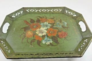 Vintage Hand Painted Floral Metal Tole Tray With Cut Outs