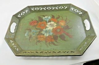 VINTAGE HAND PAINTED FLORAL METAL TOLE TRAY WITH CUT OUTS 2