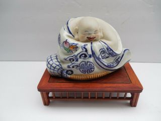 Antique Chinese Porcelain Sitting Buddha On Wooden Base