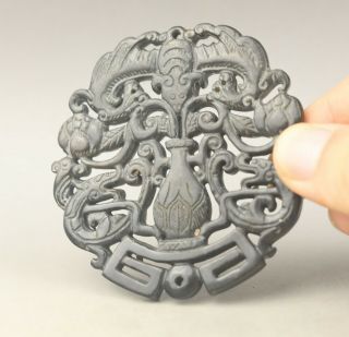 Old Chinese Natural Jade Hand - Carved Double Dragon And Bat Pendant
