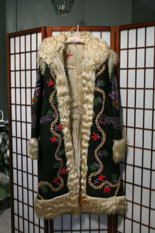 Vintage Boho Mongolian Fur Embroidered Green Hippie Coat 70s Penny Lane