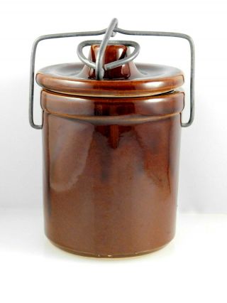 Vintage Brown Glazed Cheese/butter Stoneware Crock With Wire Bail Lid - No Seal