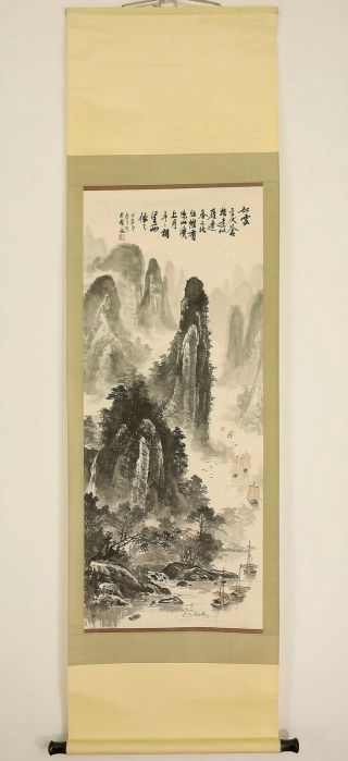 掛軸1967 Chinese Hanging Scroll " River And Boat Landscape " @n218