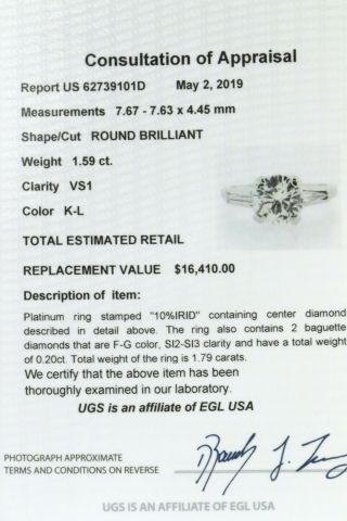 EGL USA LG designer vintage Platinum 1.  79CT VS1 diamond wedding ring size 5.  25 11