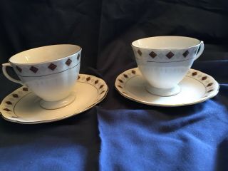 Set Of 2 Teacup And Saucer Red/brown Diamonds Gold Rims Made In China 5.  75 Inch