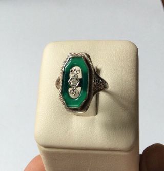 Vintage Art Deco 14k White Gold Round Diamond Filigree Shield Ring