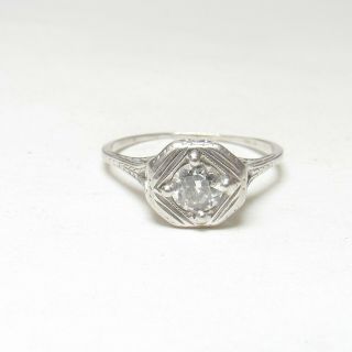 1930s Vintage 14k White Gold 0.  47 Ct European Diamond Solitaire Filigree Ring