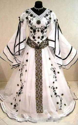 Medieval Vintage Black And White Long Sleeves Wedding Dresses Bridal Gown Custom 2