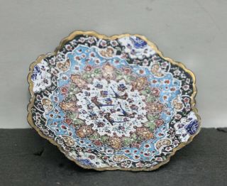 Terrific Antique Turkish Hand Painted Metal Enamel Decorative Plate