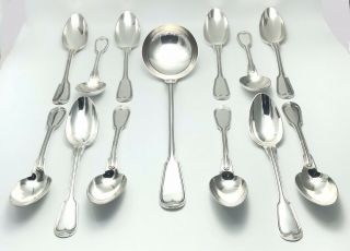 Christofle Chinon 1873 - Antique Silver Plated Set For 12 Soup Spoons And Ladle