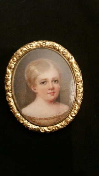 Antique Portrait Miniature Of Child In Gold Filled Brooch Frame W/lock Of Hair