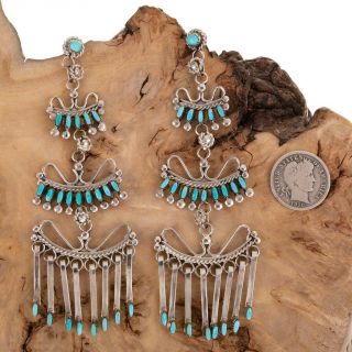 Zuni Turquoise Earrings Sterling Silver Needlepoint Long Chandelier Dangles