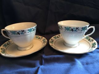 Set Of 2 Teacup And Saucer Blue Flowers Silver Rims Made In China 5.  75 Inches Sa