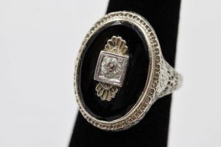 Art Deco 14k White Gold Filigree.  23ct Mine Cut Diamond & Black Onyx 5.  25 Ring