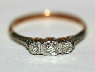 Edwardian 18 Ct Yellow Gold & Platinum 3 Stone Diamond Ring Antique Size O ½