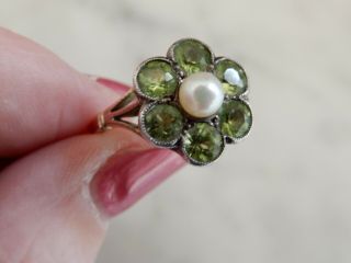 An Exceptional 9 Ct Gold Art Deco Large Peridot And Cultured Pearl Cluster Ring