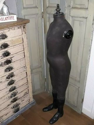 Antique French Napoleon 3 Dressform mannequin with wooden legs,  marked Stockman, 4