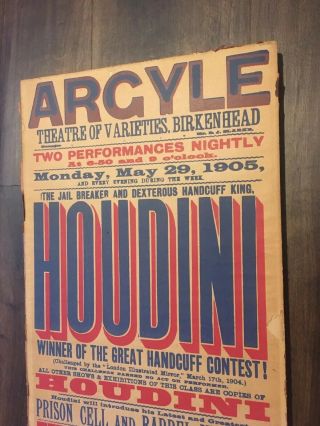 Rare Houdini Magic Poster 1905 Birkenhead Argyle Magic Performance 2