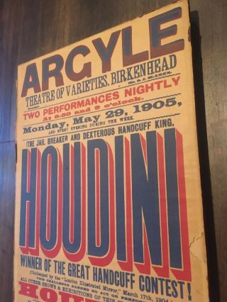 Rare Houdini Magic Poster 1905 Birkenhead Argyle Magic Performance 3