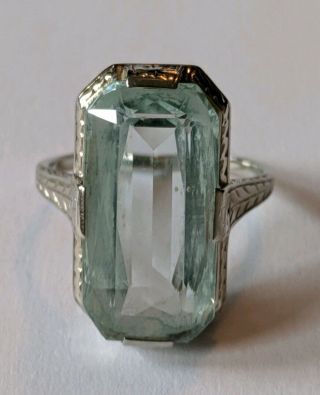 Large Antique Art Deco 10k White Gold Aquamarine Ring Size 5 1/2