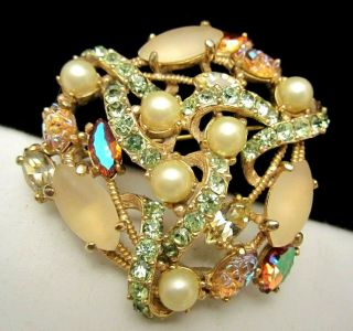 Rare Vintage 2 " Signed Schiaparelli Goldtone Frosted Glass Rhinestone Brooch A67