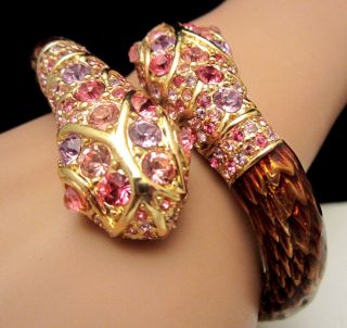 Rare Vtg Signed Kjl Goldtone Jeweled Rhinestone Snake Serpent Clamper Bracelet
