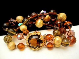 Rare Vintage 7 " Signed Demario Goldtone Amber Glass Bead Statement Bracelet A66