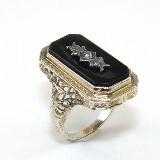 Vintage 14k White Gold Filigree Art Deco Black Onyx Diamond Ring Size 3.  25 Ggb