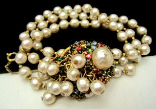 Rare Vintage Signed Miriam Haskell Colorful Rhinestone Faux Pearl Bracelet A17