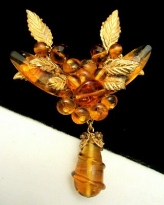 Rare Vintage 3” Signed Miriam Haskell Goldtone Amber Glass Dangle Brooch Pin A48