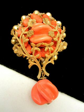 Unique Vintage 2 - 1/2” Signed Miriam Haskell Goldtone Coral Glass Brooch Pin A48