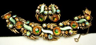 Rare Vintage Signed Florenza Jeweled Glass Rhinestone Bracelet Earring Set A48