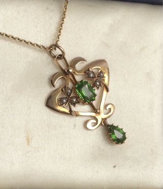Antique Art Nouveau Peridot,  Seed Pearl Lavaliere Pendant With 9ct Gold Chain