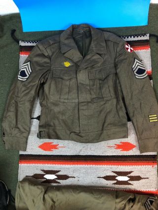 WW2 US Army OD Wool Field Jacket Sz 38R Shirt Flannel OD 15x33 Wool Cap Patches 2