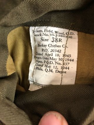 WW2 US Army OD Wool Field Jacket Sz 38R Shirt Flannel OD 15x33 Wool Cap Patches 4