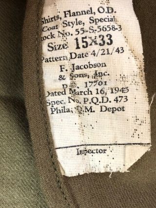 WW2 US Army OD Wool Field Jacket Sz 38R Shirt Flannel OD 15x33 Wool Cap Patches 8