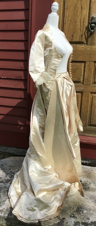1870 - 1880 Antique Wedding Gown Ivory Satin Pleated And With Lace Trim