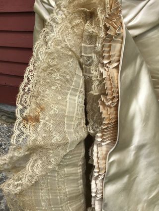 1870 - 1880 ANTIQUE WEDDING GOWN IVORY SATIN PLEATED AND WITH LACE TRIM 7