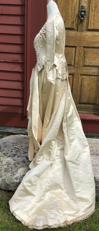 1870 - 1880 ANTIQUE WEDDING GOWN IVORY SATIN PLEATED AND WITH LACE TRIM 9