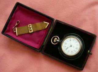 Antique Vintage Waterbury Duplex Pocket Watch With Albert Fob And Watch Box