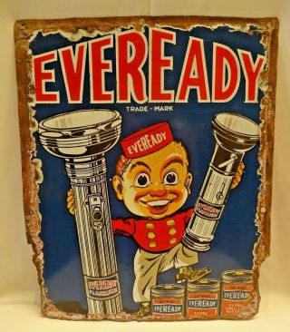 Vintage Porcelain Enamel Sign Eveready Torch And Battery Rare Collectibles 41