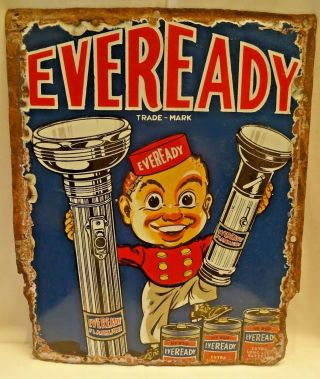 Vintage Porcelain Enamel Sign Eveready Torch And Battery Rare Collectibles 41 2