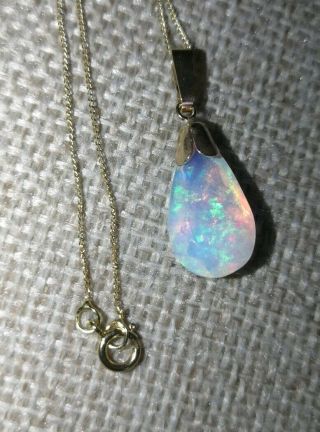 Aaa,  Natural Pear Precious Rainbow Fire Opal Solid 9ct Gold Pendant Necklace Vtg