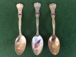 Gorham Sterling Silver Souvenir Spoon Enamel Flag Us Army & Navy - Set Of Three