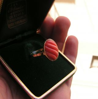 Vintage Style Heavy 18k Gold Bright Red Carved Coral Cameo 1930s Art Deco Ring