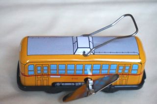 Vintage Japan Sanko Tin Toy Wind Up Auto Turn 4 " Yellow Tram Trolley 6000